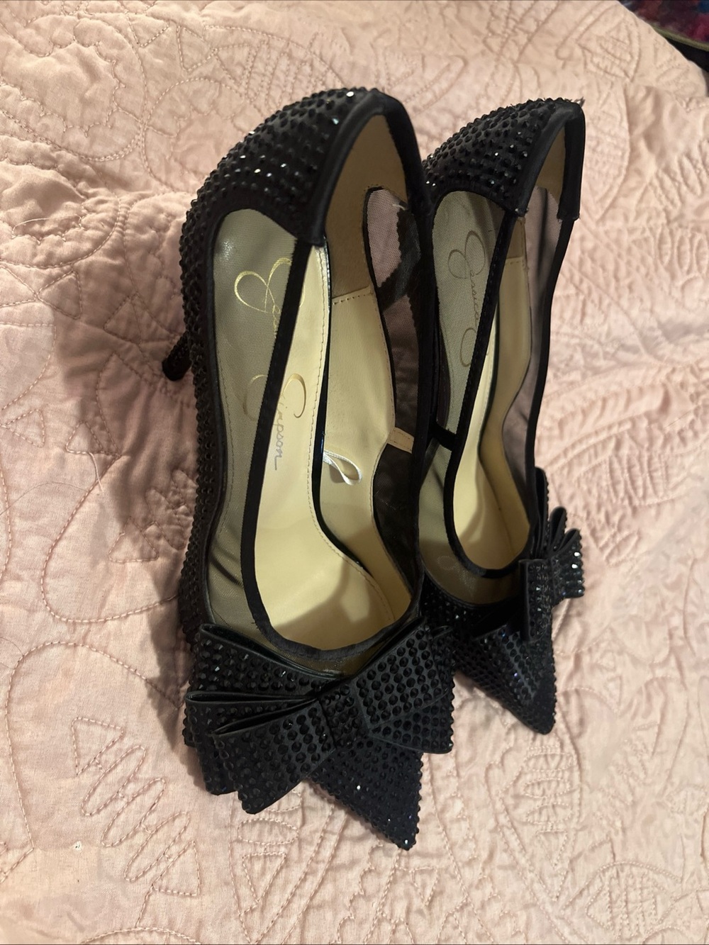 Jessica Simpson Black Crystal-Embellished Pointed Toe High Heels with Bow Size 9